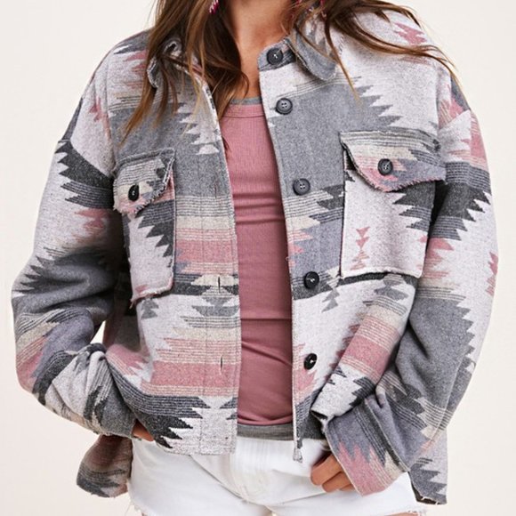 Geometric Print Boxy Cropped Raw Hem Jacket - Picture 1 of 5